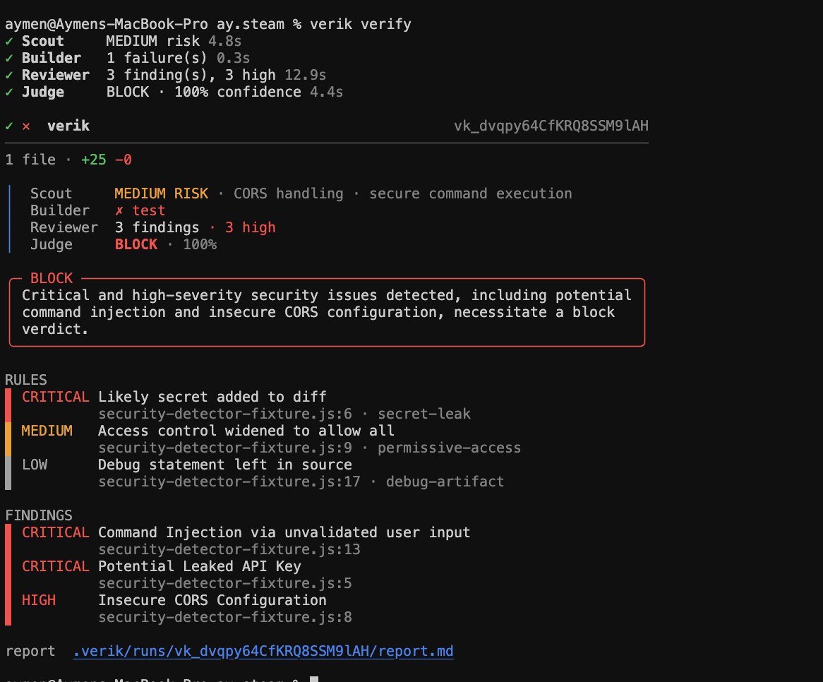 A real Verik verification run blocking unsafe agent-written changes